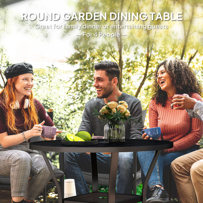 Outsunny 90 cm Garden Dining Table with 4-5 cm Parasol Hole, Round Outdoor Dining Table, Steel Garden Table with Slatted Metal Top and Wire Shelf for Balcony, Porch, Black 