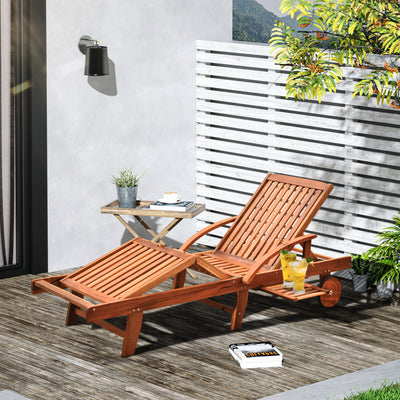 Outsunny Outdoor Garden Patio Wooden Sun Lounger Foldable Recliner Deck Chair Day Bed Furniture with Wheels 
