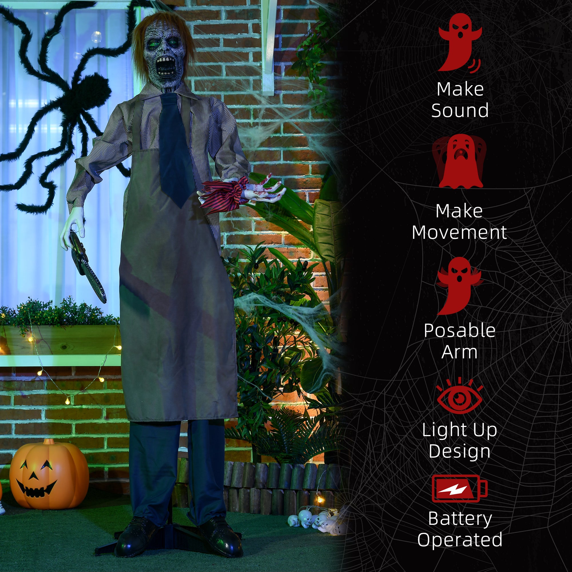 HOMCOM 5.5ft Life Size Halloween Animatronic Standing Chainsaw Killer, with Light Up Eyes, Sound Activated Moving Body, Scary Halloween Decorations, Battery Operated, Indoor Party Props 