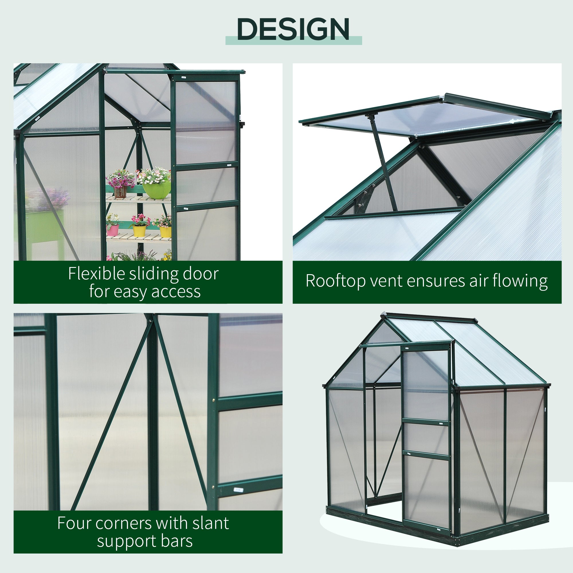 Outsunny 6 x 4ft Polycarbonate Greenhouse, Large Walk-In Green House with Slide Door and Window, Garden Plants Grow House with Aluminium Frame and Foundation, Dark Green 