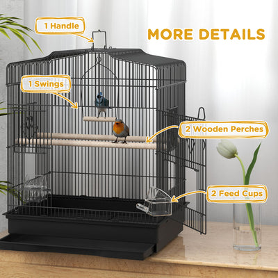 PawHut Large Metal Bird Cage with Perches, Food Bowls, Swing for Budgie, Parakeet, 46.5 x 36 x 59cm, Black 