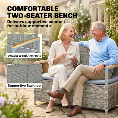 Outsunny 170 L Garden Storage Bench with Zipped Liner, 2 Seater Rattan Garden Bench with Storage, Gas Strut, Cushion, Light Grey