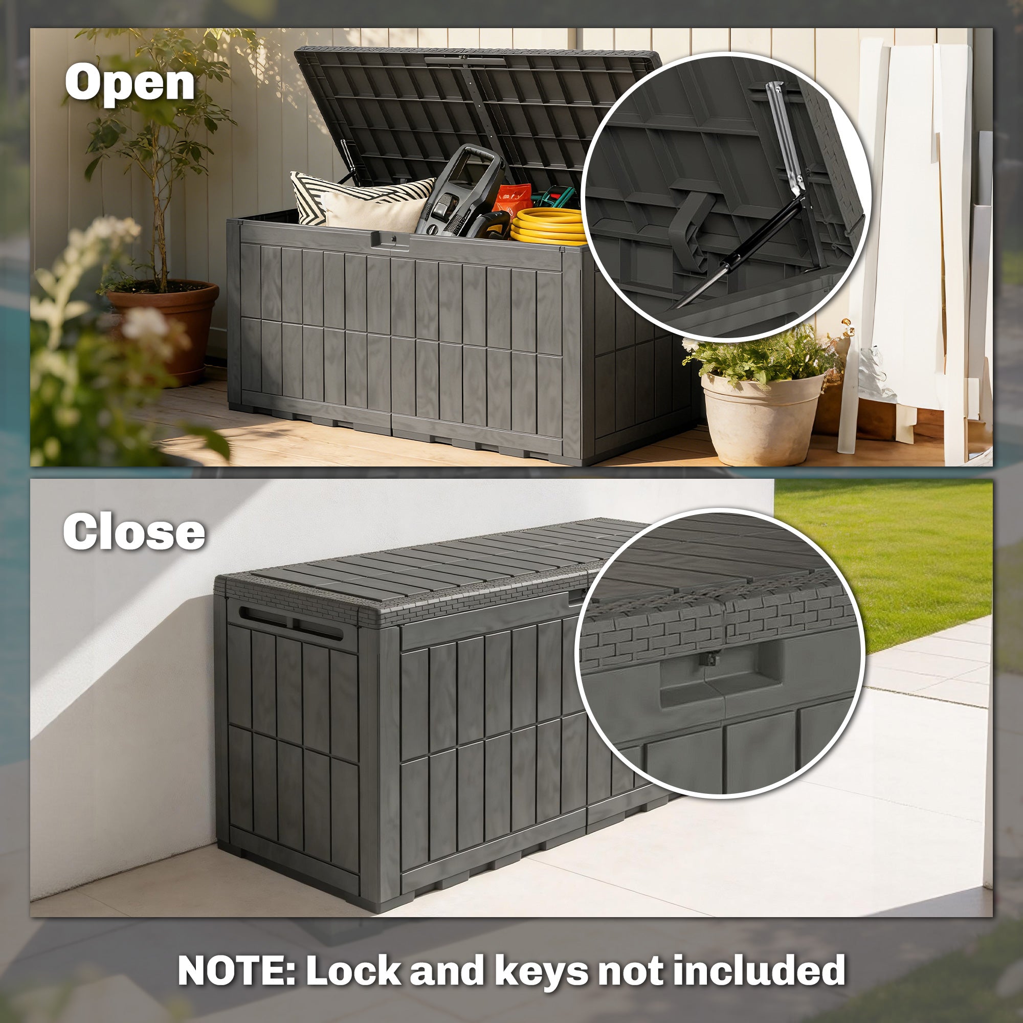 Outsunny 440L Garden Storage Box, Waterproof & UV Resistant Resin Deck Box with Lockable Lid, Pneumatic Gas Rods, Side Handles 