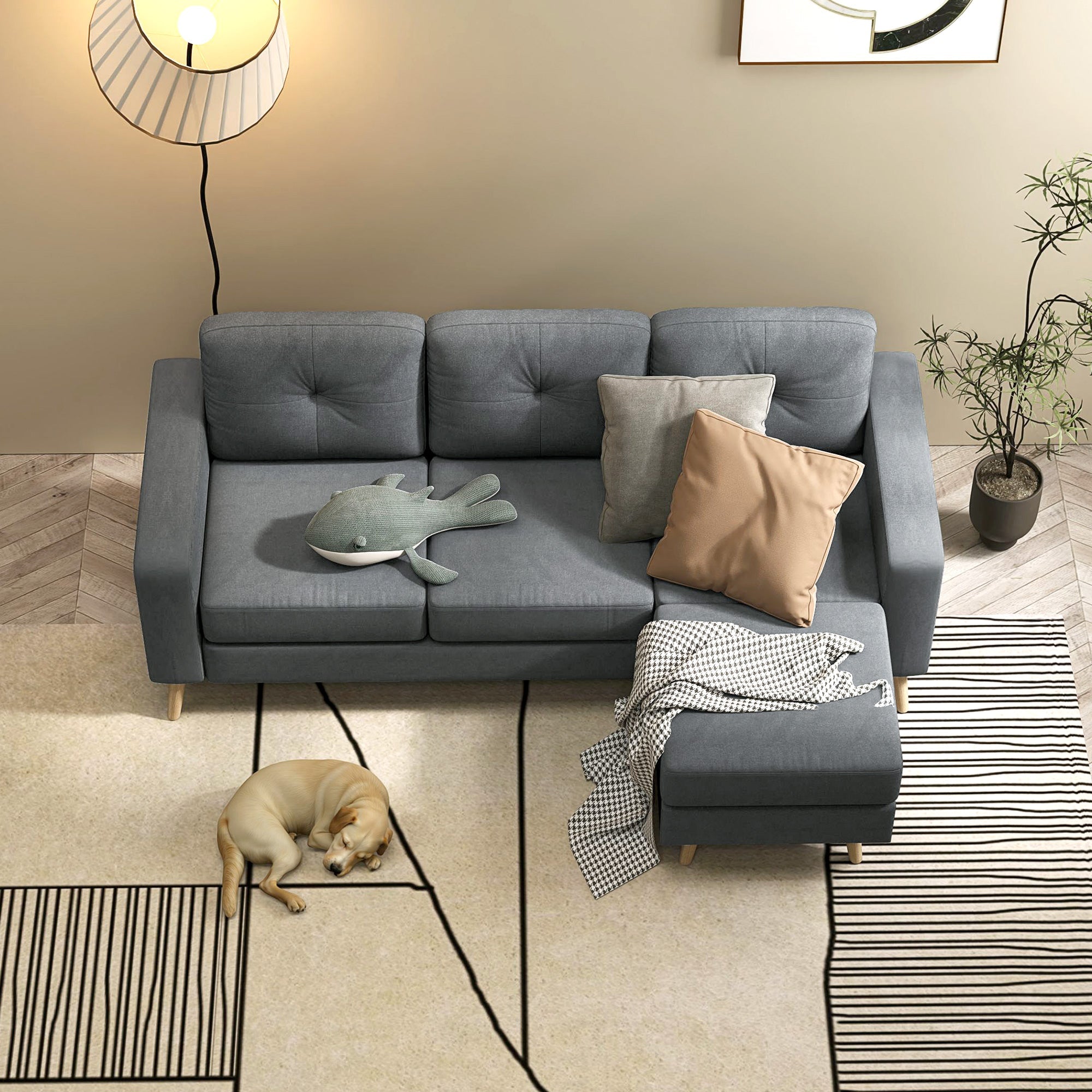 HOMCOM 3 Seater Sofa with Footstool, Fabric L-Shaped Sofa, Sectional Couch with Wood Legs, Tufting Cushioned Back for Small Space, Living Room, Office, Dark Grey 