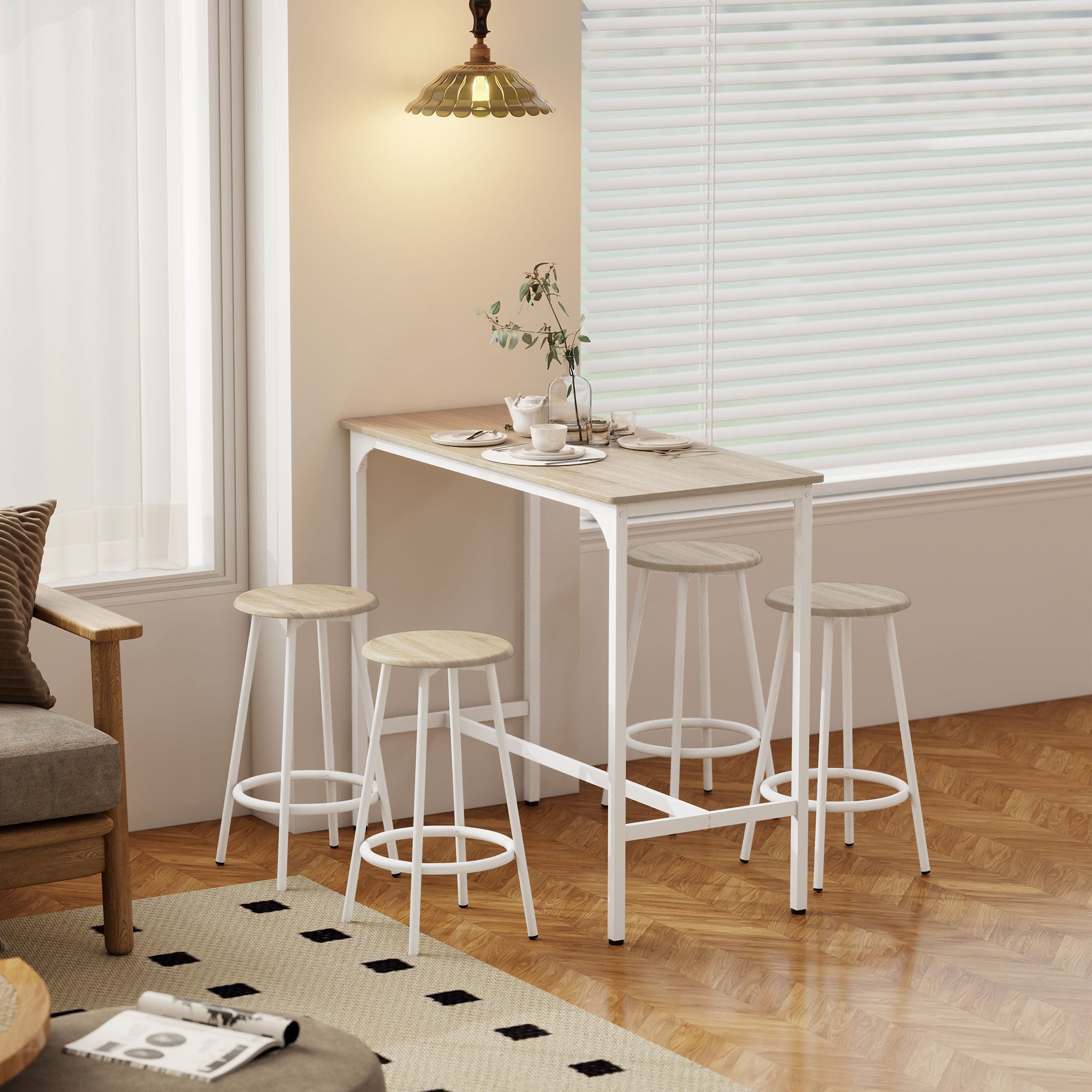 HOMCOM 5 Piece Bar Table Set for 4 with Stools, Metal Frame, Footrest for Kitchen Natural Wood 
