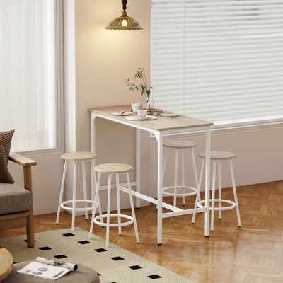 HOMCOM 5 Piece Bar Table Set for 4 with Stools, Metal Frame, Footrest for Kitchen Natural Wood 