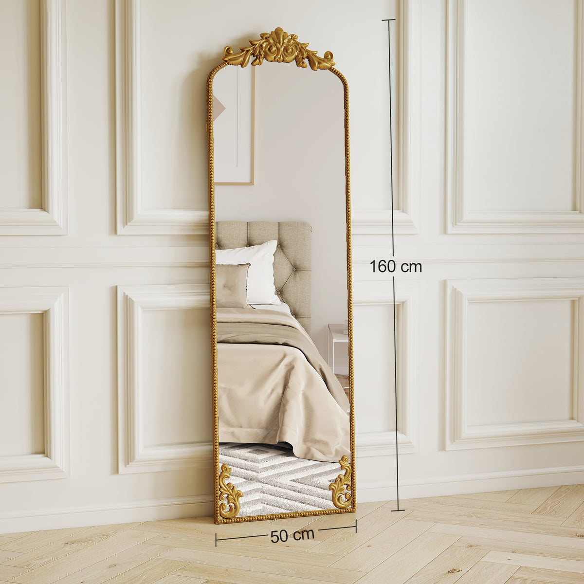 HOMCOM Full Length Mirror, 50 x 160 cm Floor Mirror with Baroque Metal Frame for Bedroom, Living Room, Dressing Room, Gold Tone 