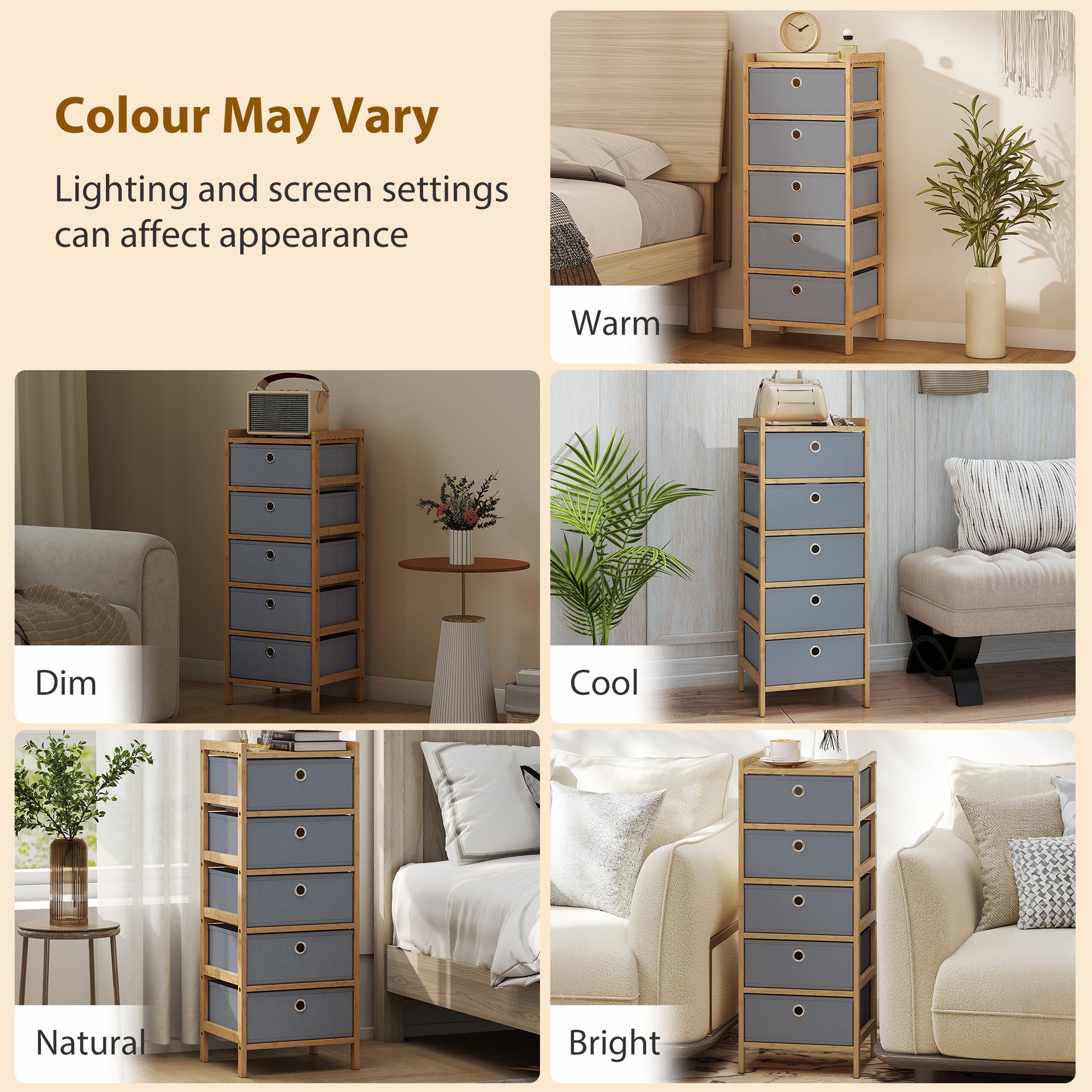 HOMCOM Chest of Drawers, 5 Fabric Drawers Narrow Dresser with Bamboo Frame, Light Grey 