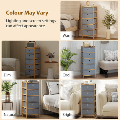 HOMCOM Chest of Drawers, 5 Fabric Drawers Narrow Dresser with Bamboo Frame, Light Grey 
