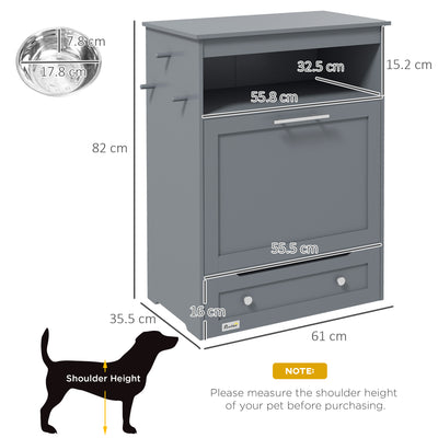 PawHut Pet Feeder Station, Dog, Cat Storage Container, with Raised Bowls, Hanger, Cabinet - Grey 