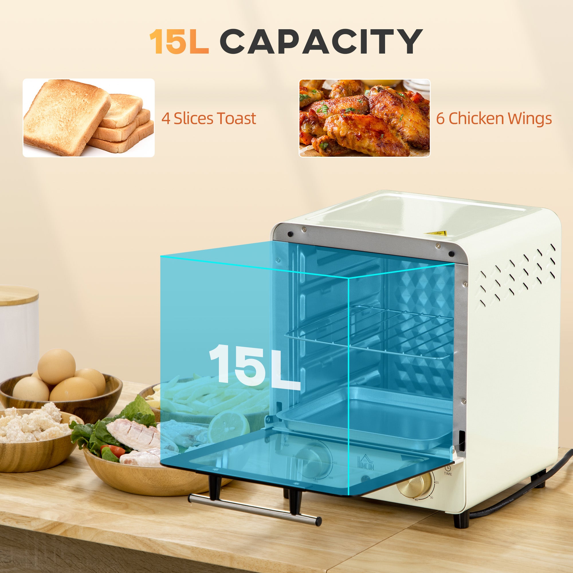 HOMCOM Mini Oven, 15 Litres Electric Oven and Grill with 60-230\'e2\'84\'83 Adjustable Temperature, 60 Minute Timer, Include Baking Tray, Wire Rack and Crumb Tray, 1000W, Cream White