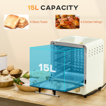 HOMCOM Mini Oven, 15 Litres Electric Oven and Grill with 60-230\'e2\'84\'83 Adjustable Temperature, 60 Minute Timer, Include Baking Tray, Wire Rack and Crumb Tray, 1000W, Cream White