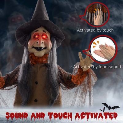HOMCOM 183 cm Life Size Halloween Animated Standing Fat-Faced Witch with Red Light Up Eyes, Sound Activated Moving Arms & Head, Scary Witch Halloween Decorations, Battery Operated, Indoor Party Props 