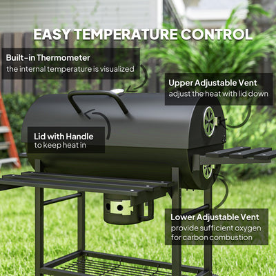 Outsunny Charcoal BBQ Grill with Foldable Front Side Shelf, Portable Barbecue Smoker with Warming Rack, Bottom Shelf, Lid, Temperature Gauge, Wheels for Outdoor Cooking Garden Party, Black 
