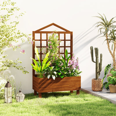 Outsunny Garden Planters with Trellis for Vine Climbing, Distressed Wooden Raised Beds, 90x43x150cm, Brown 