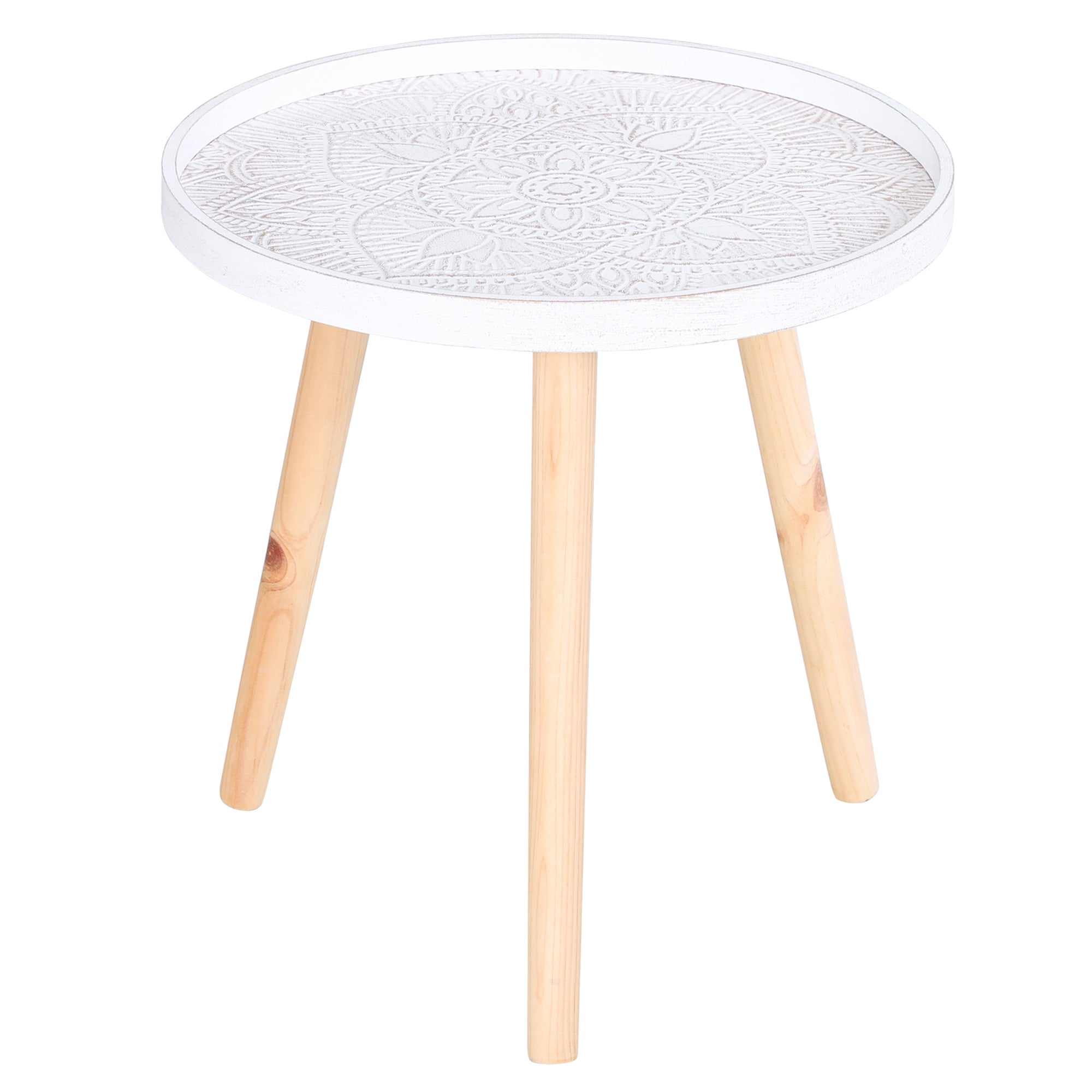 HOMCOM Coffee Table, Carved Floral Round Table with Tray-style Top and Wood Legs, Modern Side Table for Living Room, White 