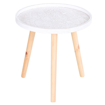 HOMCOM Coffee Table, Carved Floral Round Table with Tray-style Top and Wood Legs, Modern Side Table for Living Room, White 