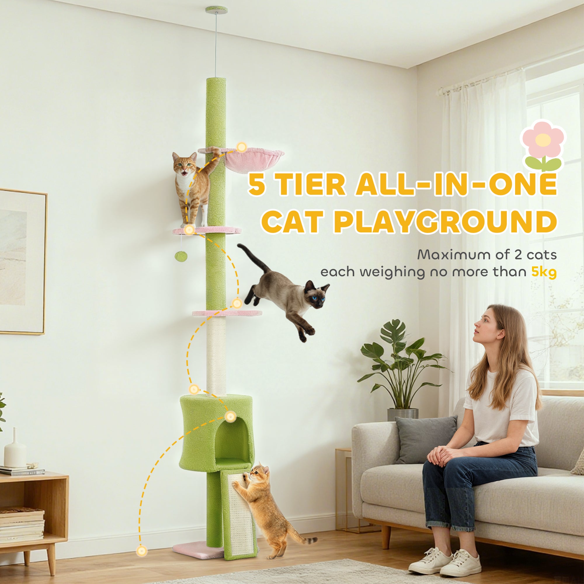 PawHut 220-240 cm Floor to Ceiling Cat Tree Adjustable Height with Hammock, Condo, Scratching Posts, Green 