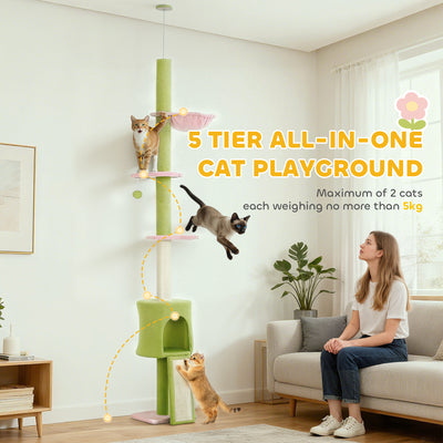 PawHut 220-240 cm Floor to Ceiling Cat Tree Adjustable Height with Hammock, Condo, Scratching Posts, Green 