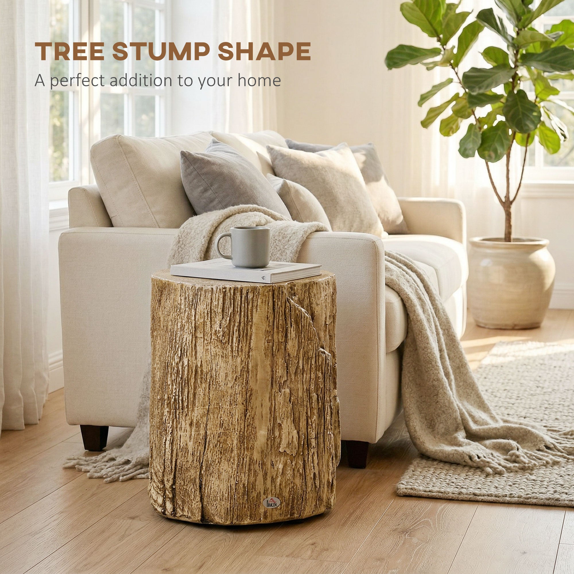 HOMCOM Tree Stump End Table, Round Concrete Side Table for Indoor and Outdoor Use, Natural Wood Effect 