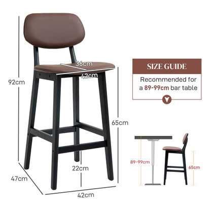 HOMCOM Bar Stools Set of 2, Contemporary Breakfast Bar Chairs, Faux Leather Upholstered Kitchen Stools with Backs and  Solid Wood Legs, Brown