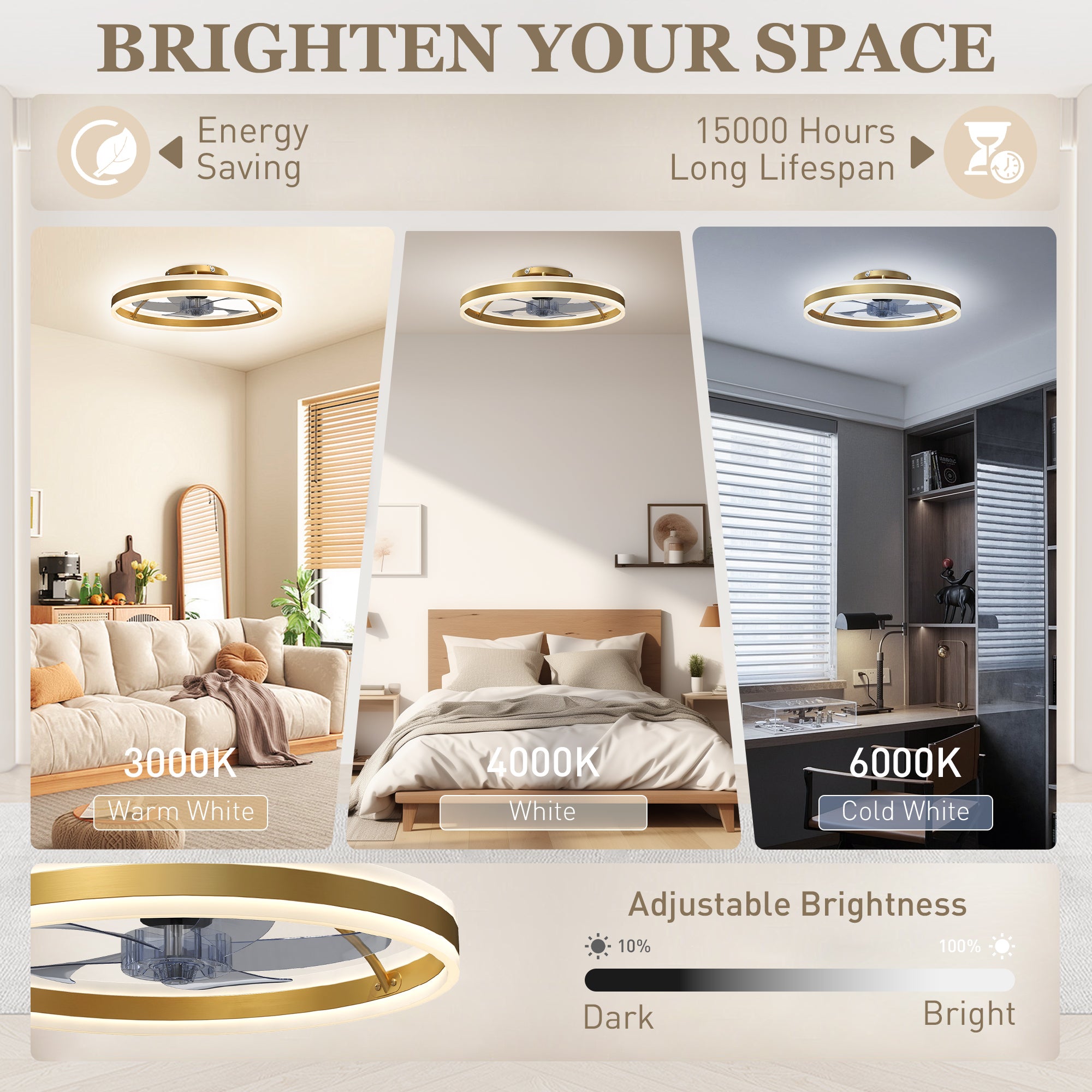HOMCOM Ceiling Fan with Light and Remote, LED Mount Ceiling Fan with 3 Colour Temperatures, 6 Speed, 50 cm, Gold Tone 