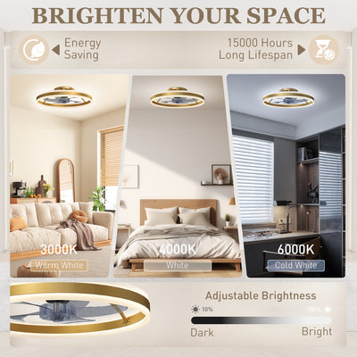 HOMCOM Ceiling Fan with Light and Remote, LED Mount Ceiling Fan with 3 Colour Temperatures, 6 Speed, 50 cm, Gold Tone 