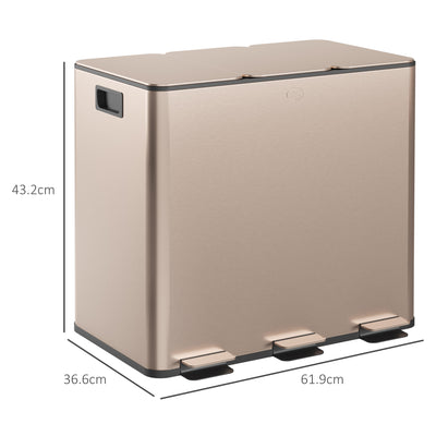 HOMCOM 45L Triple Compartment Stainless Steel Bin, with Deodoriser Holders - Gold Tone 