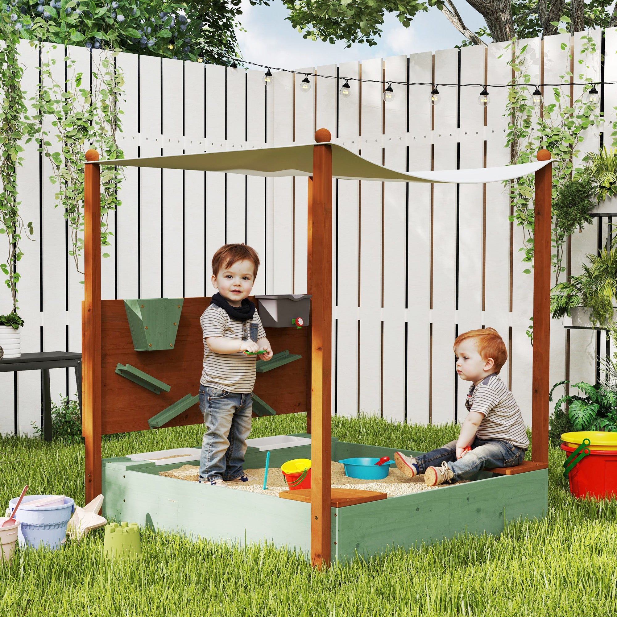 AIYAPLAY Wood Sandpit with Canopy, Storage Bins, Funnel, Liner, Chutes, Bucket with Tap, 116 x 112.5 x 128 cm, Green 