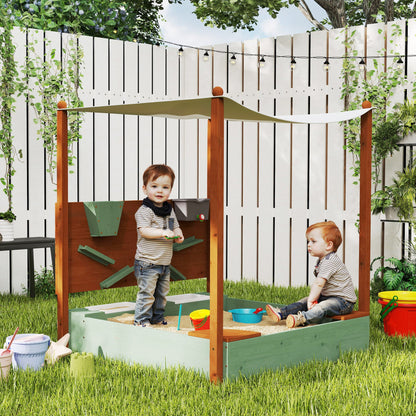 AIYAPLAY Wood Sandpit with Canopy, Storage Bins, Funnel, Liner, Chutes, Bucket with Tap, 116 x 112.5 x 128 cm, Green 