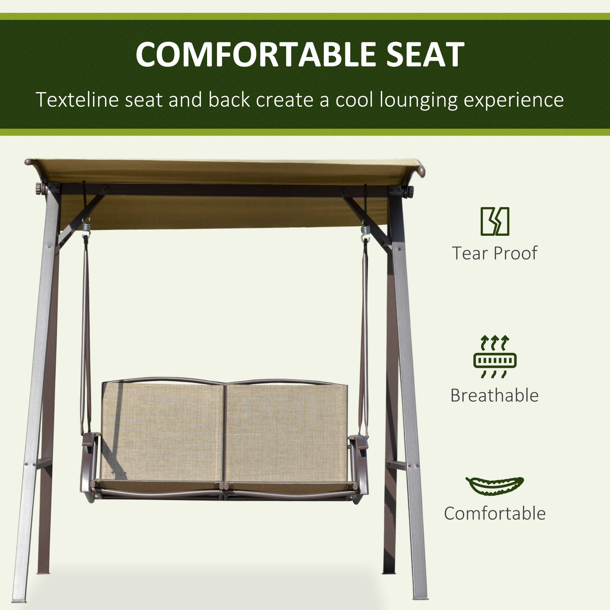 Outsunny 2 Seater Garden Swing Seat Swing Chair, Outdoor Canopy Swing Bench with Adjustable Shade, Metal Frame and Texteline Seat, Brown 