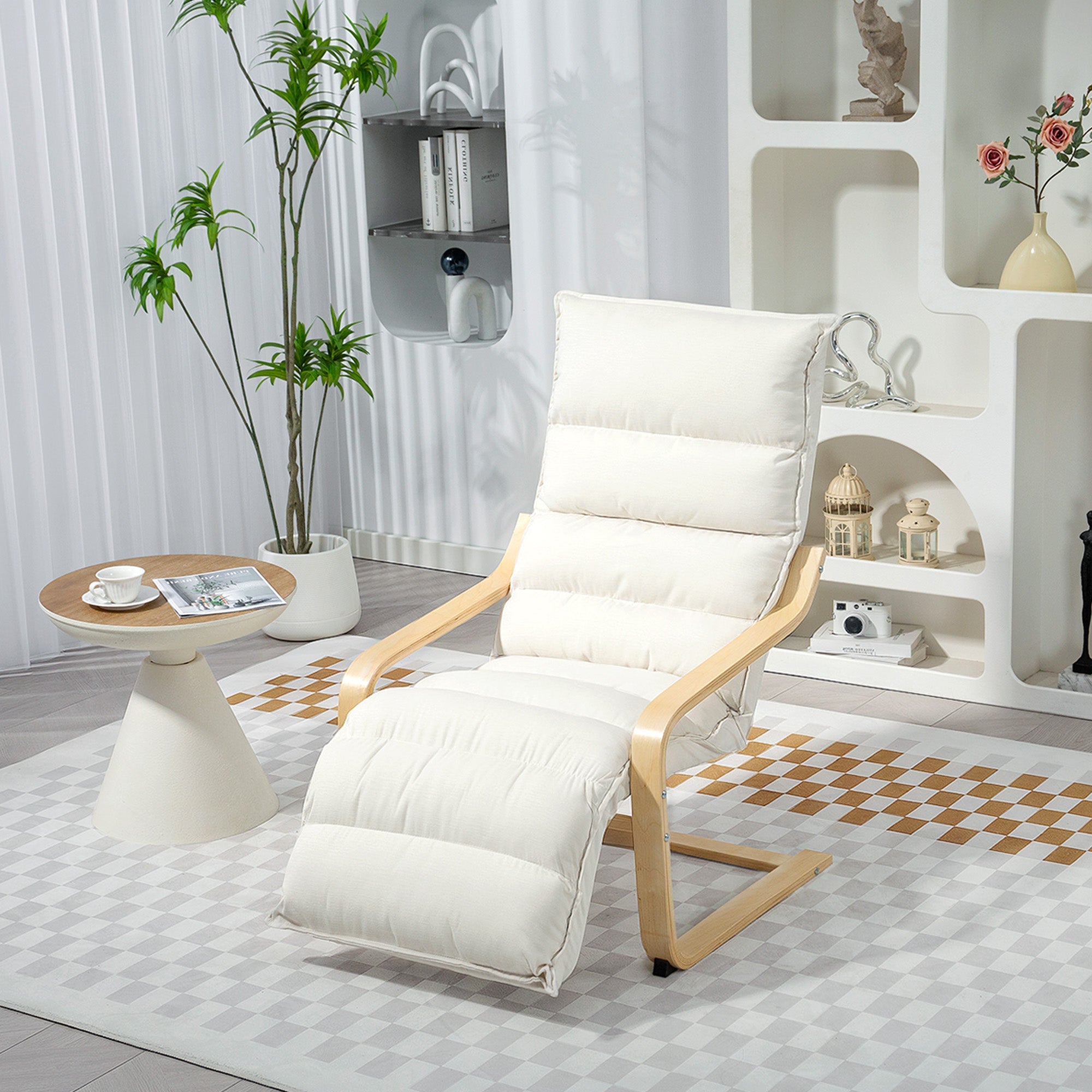 HOMCOM Curved Wooden Accent Chair, with Adjustable Footrest - Cream White 