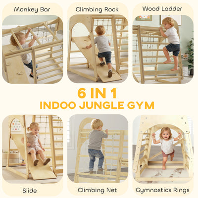 AIYAPLAY 6 in 1 Kids Climbing Frame with Slide, Monkey Bars, Gymnastics Rings, Ladder, Climbing Net, for 3-6 Years, Natural Tone 