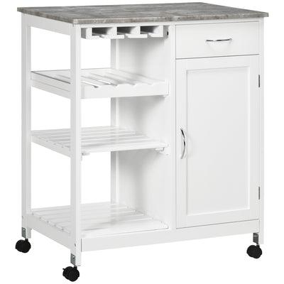 HOMCOM Compact Kitchen Trolley Utility Cart on Wheels with Wine Rack, Drawer, Open Shelf and Storage Cabinet for Dining Room, White 