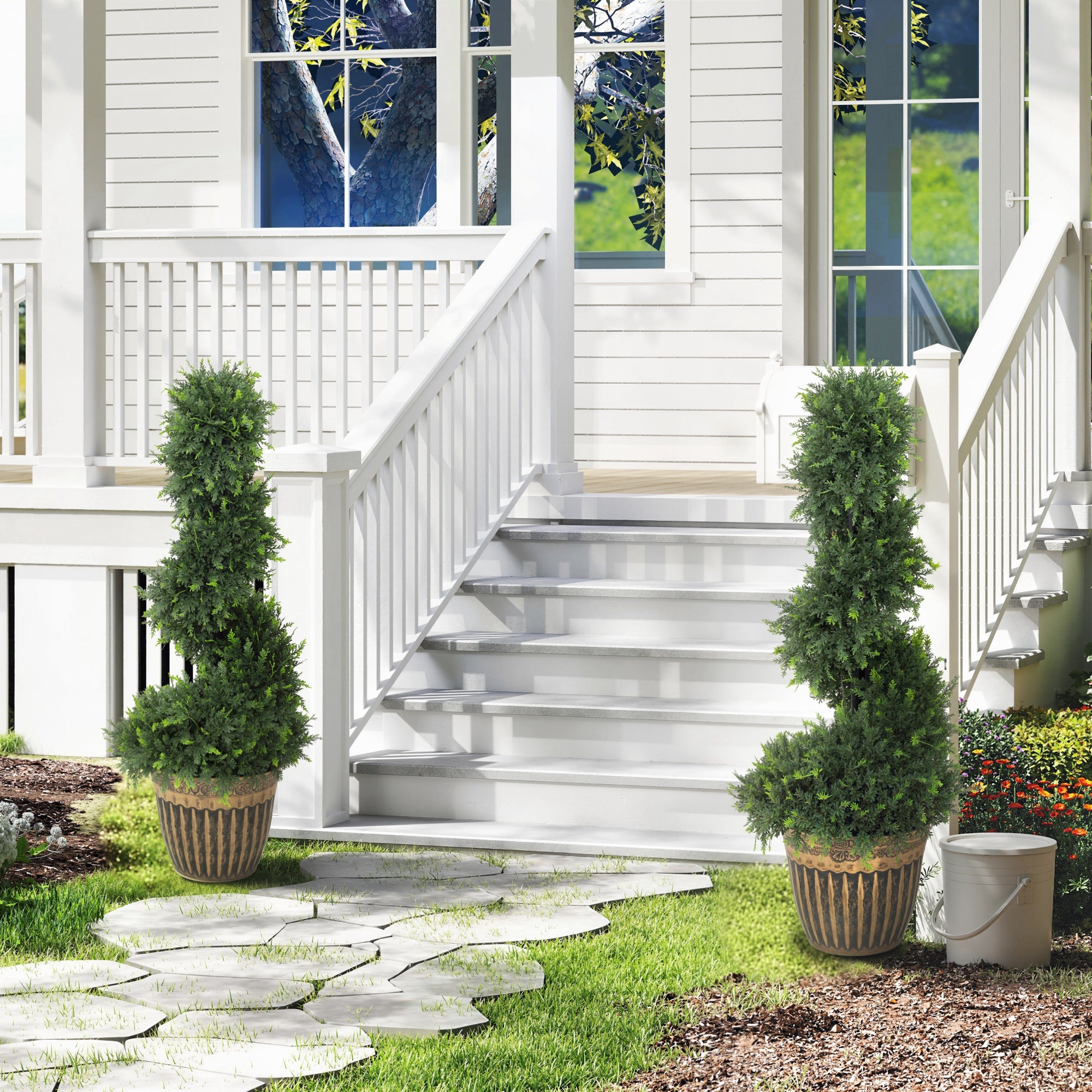 HOMCOM Set of 2 Artificial Plants, Topiary Spiral Boxwood Cypress Trees with Pot, for Home Indoor Outdoor Decor, 90cm 