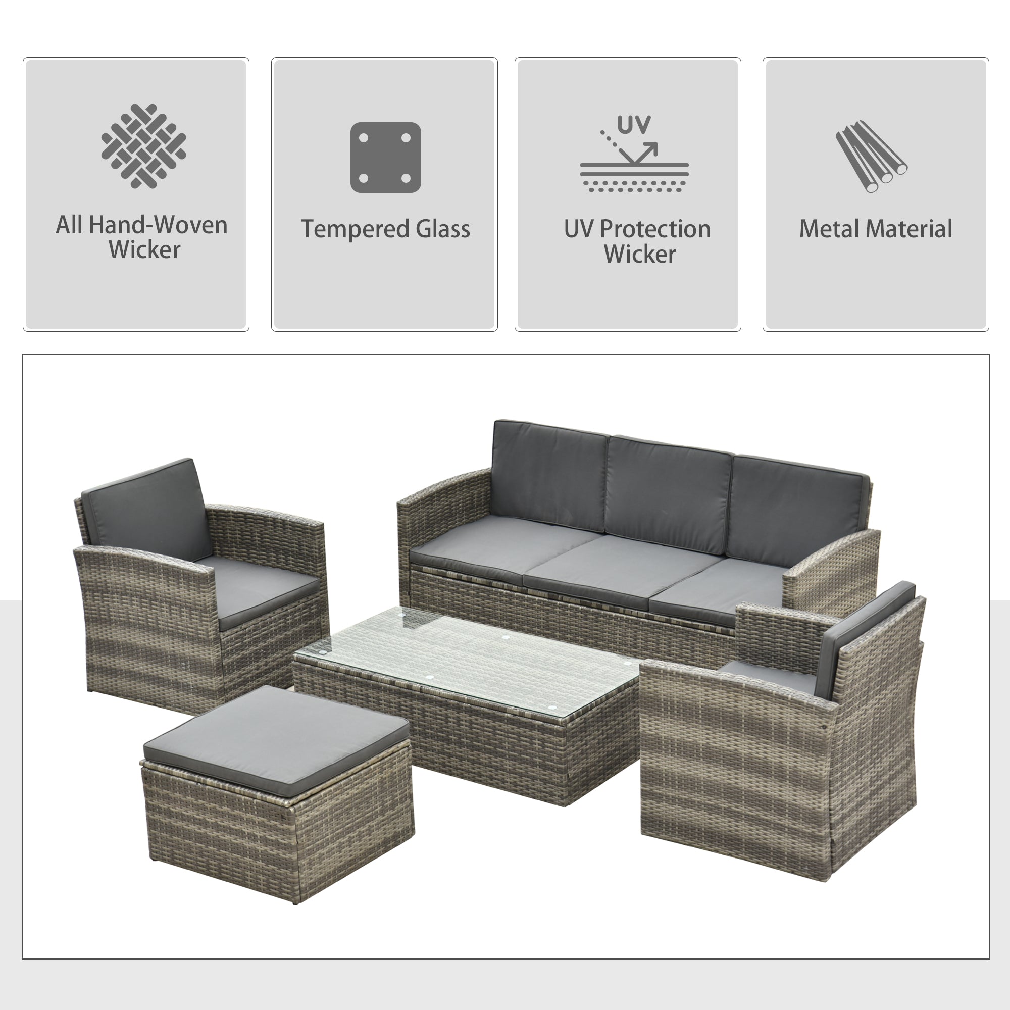 Outsunny Rattan Garden Furniture Outdoor Patio 5 Piece Wicker Weave Sofa Set with Storage,  Cushioned, 3-Seater Sofa + 2 Single Chairs + Foot Stool + Coffee Table 