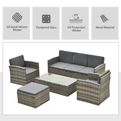 Outsunny Rattan Garden Furniture Outdoor Patio 5 Piece Wicker Weave Sofa Set with Storage,  Cushioned, 3-Seater Sofa + 2 Single Chairs + Foot Stool + Coffee Table 