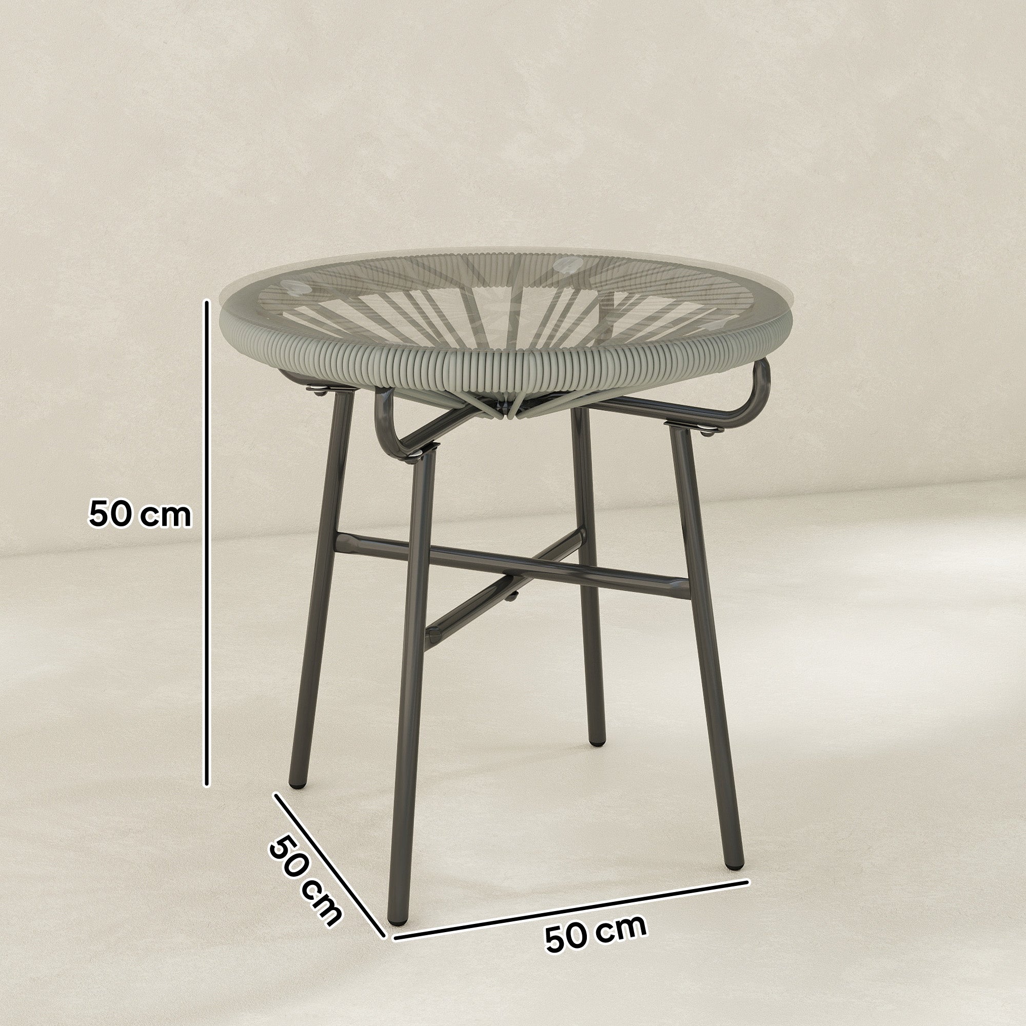 Outsunny Rattan Side Table, Round Outdoor Coffee Table, with Round PE Rattan and Tempered Glass Tabletop, Light Grey 