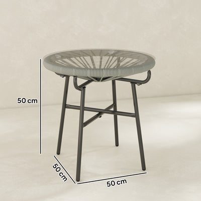 Outsunny Rattan Side Table, Round Outdoor Coffee Table, with Round PE Rattan and Tempered Glass Tabletop, Light Grey 