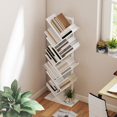 HOMCOM 9-Tier Tree Bookshelf, Industrial Free Standing Bookcase with Steel Frame, Display Storage White 