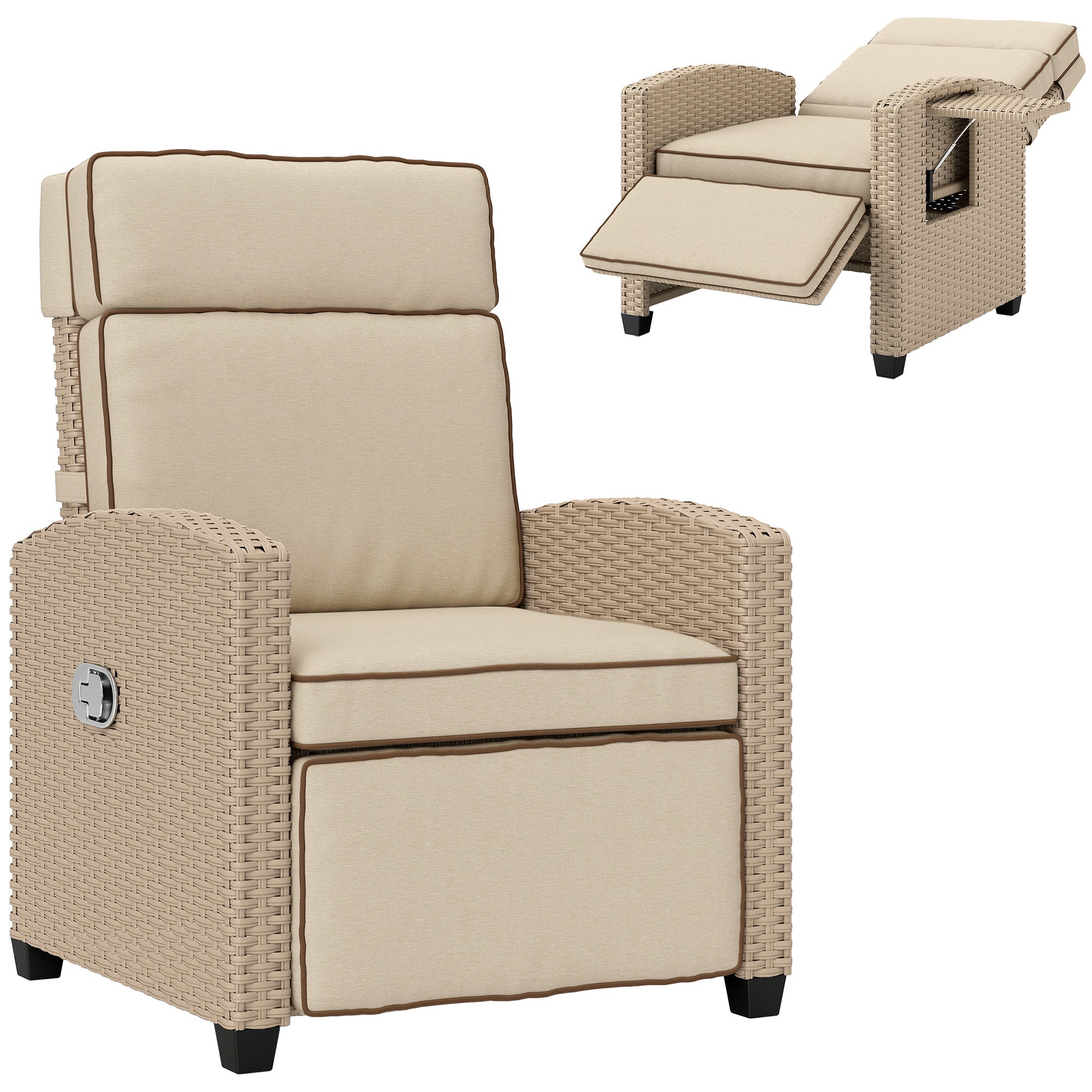 Outsunny Rattan Garden Recliner Chair, Adjustable Backrest Reclining Rattan Chair with Flip Table, Cushion and Footrest, Indoor Outdoor Lounge Reclining Sun Lounger for Patio, Yellow/Beige 