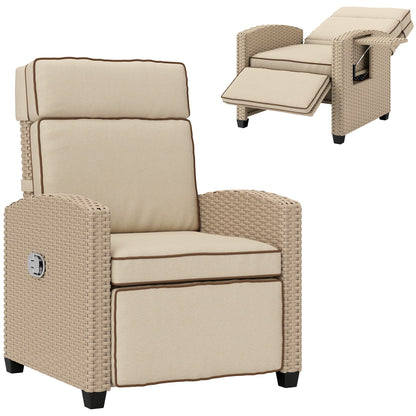 Outsunny Rattan Garden Recliner Chair, Adjustable Backrest Reclining Rattan Chair with Flip Table, Cushion and Footrest, Indoor Outdoor Lounge Reclining Sun Lounger for Patio, Yellow/Beige 