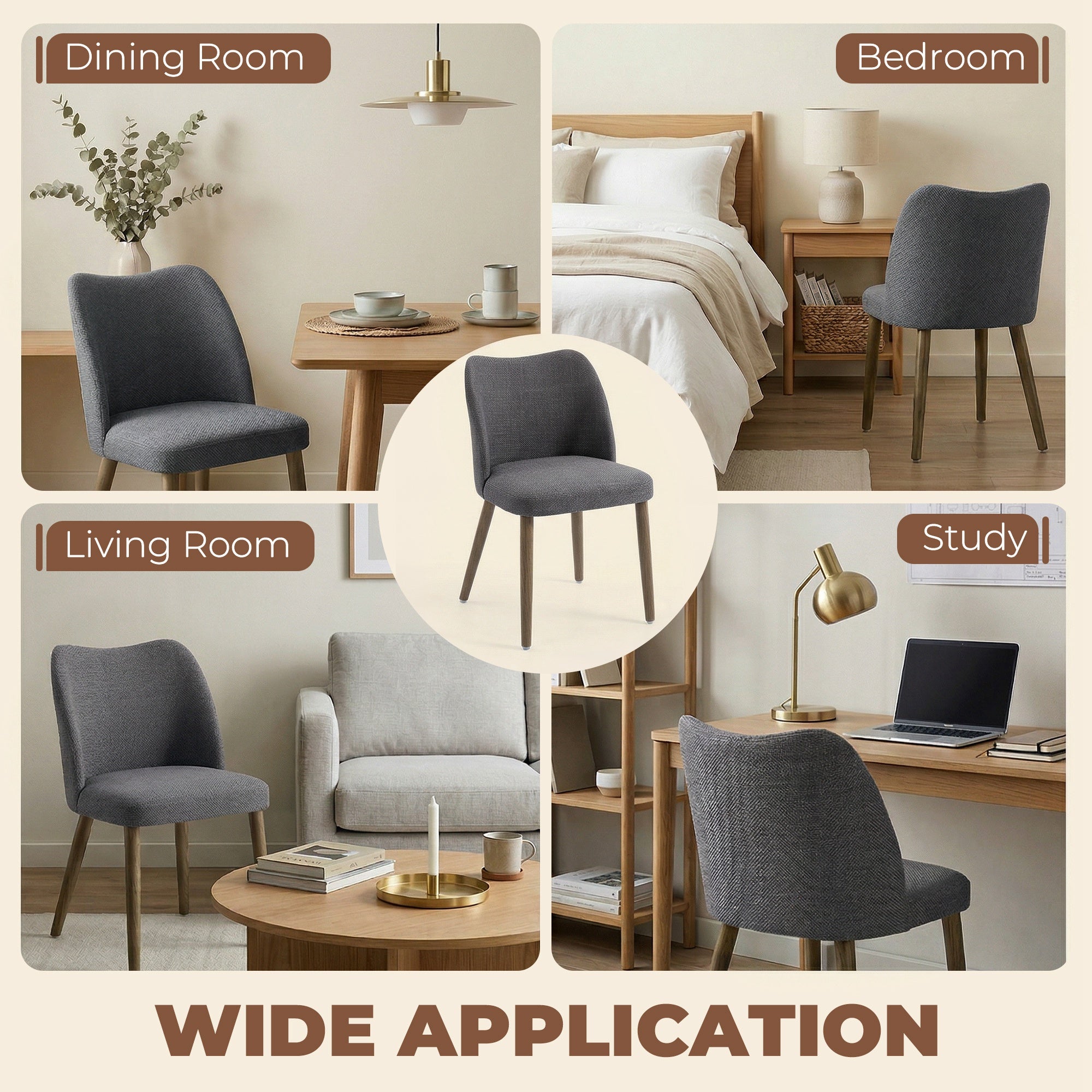 HOMCOM Dining Chairs Set of 2, Linen Upholstered Kitchen Chairs with Padded Seat, Curved Backrest, Rubberwood Legs, Dark Grey 
