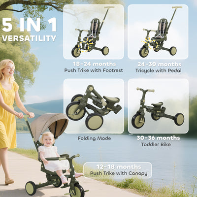 AIYAPLAY 5 in 1 Kids Trike with Adjustable Backrest, Toddler Tricycle with Push Handlebar, Adjustable Backrest, Dark Green 