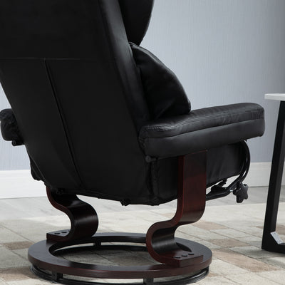 HOMCOM Faux Leather Recliner Chair and Footstool, Swivel Upholstered Armchair and Footstool with Adjustable Backrest, Solid Wood Base for Living Room, Black 