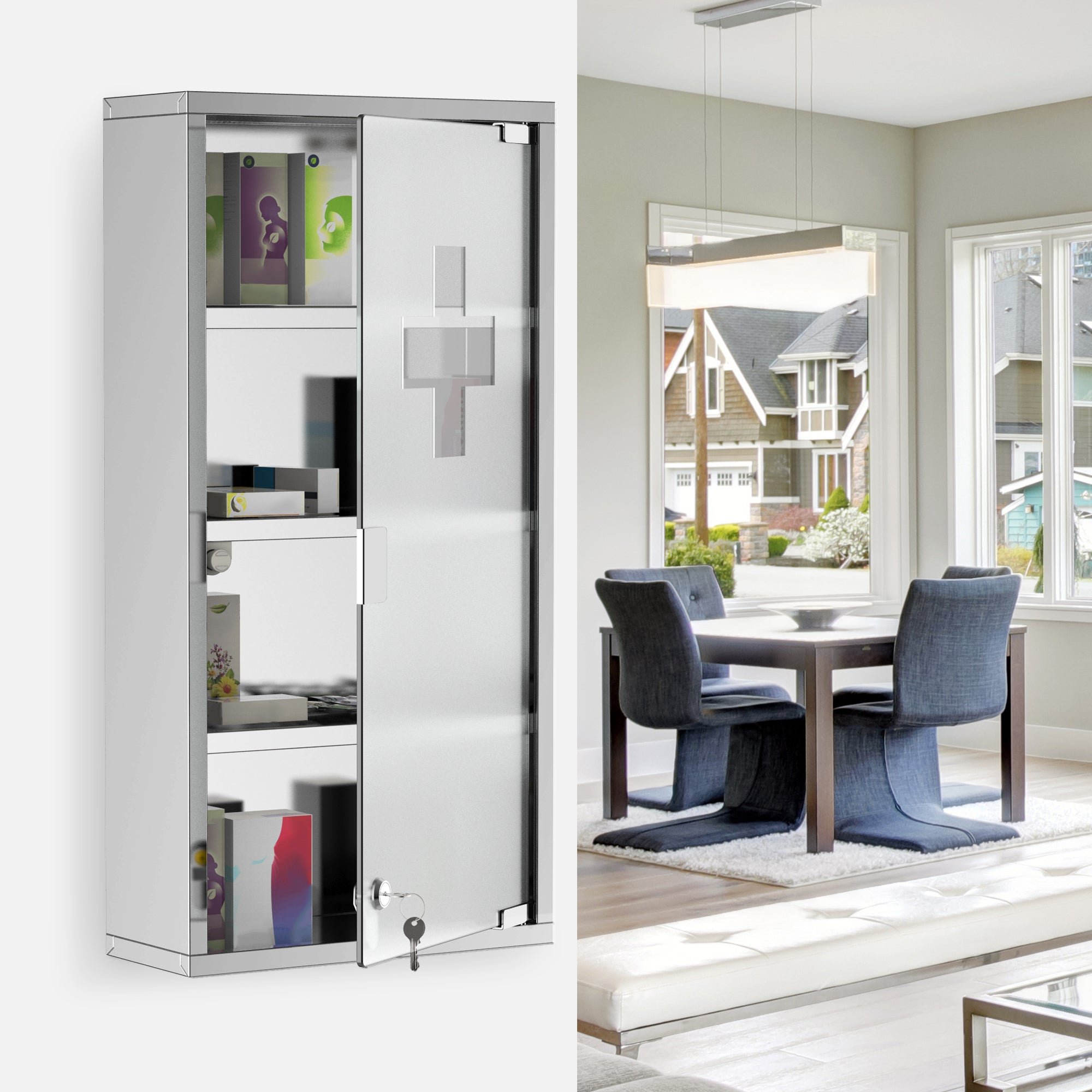 HOMCOM 4 Tier Stainless Steel Wall Mounted Medicine Cabinet Glass Lockable Door Storage Shelves Houseware Bathroom Furniture 60Hx30Wx12D(cm) w/2 Keys 
