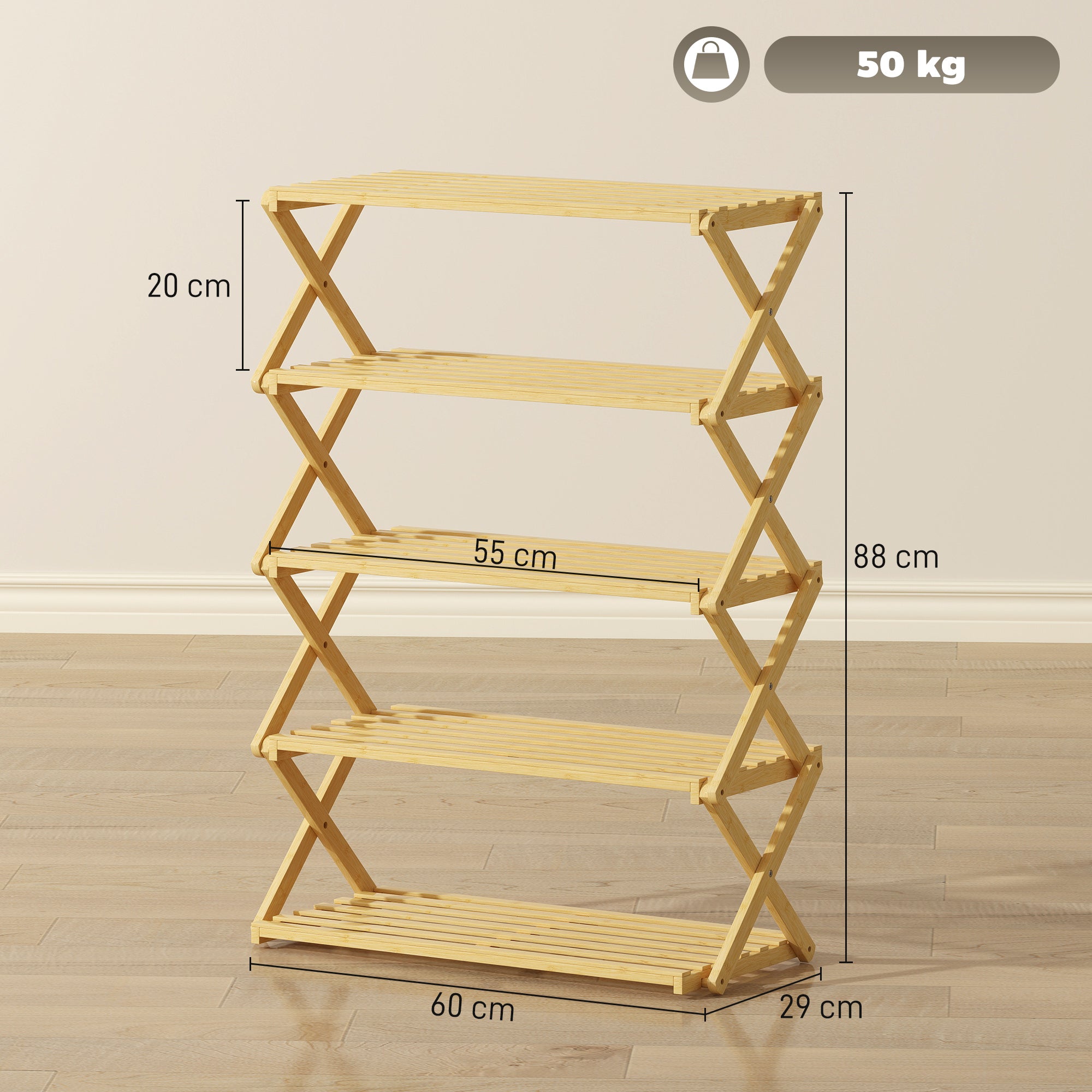 HOMCOM Five-Tier Folding Bamboo Shoe Rack - Natural Finish 