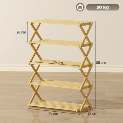 HOMCOM Five-Tier Folding Bamboo Shoe Rack - Natural Finish 