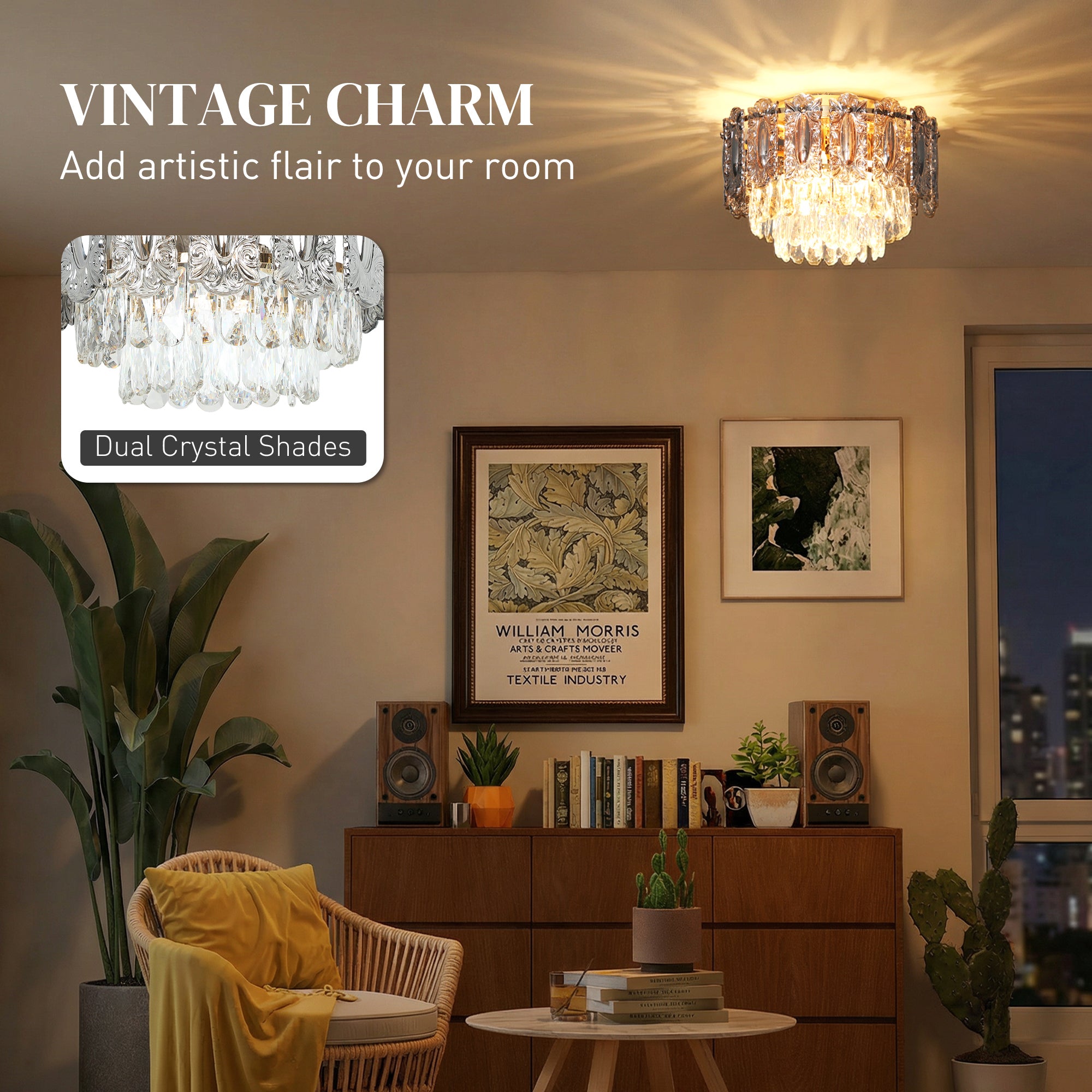 HOMCOM Chandelier Ceiling Light, 3-Light Flush Mount Fixture with Dual Crystal and Smoke Glass Shade, 40 cm LED Ceiling Light for Living Room Bedroom, 3 E14 Sockets, Bulbs Not Included, Gold Tone 