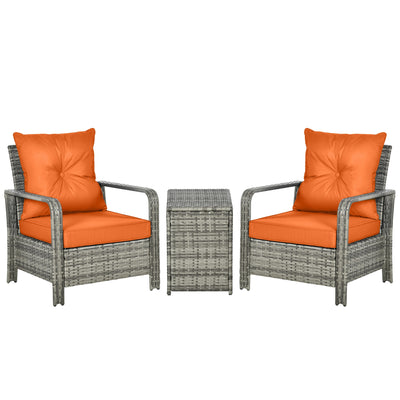 Outsunny 3 Pieces Rattan Bistro Set, Wicker Garden Furniture Set with Storage  Coffee Table and Chairs, Thickened Cushions for Outdoor, Patio, Balcony, Orange 
